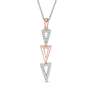 Lab-Created White Sapphire Graduated Open Triple Triangle Drop Pendant in Sterling Silver and 10K Rose Gold