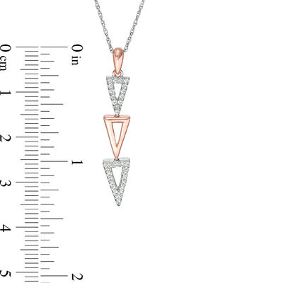 Lab-Created White Sapphire Graduated Open Triple Triangle Drop Pendant in Sterling Silver and 10K Rose Gold