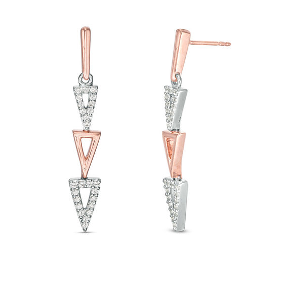 Lab-Created White Sapphire Graduated Open Triple Triangle Drop Earrings in Sterling Silver and 10K Rose Gold