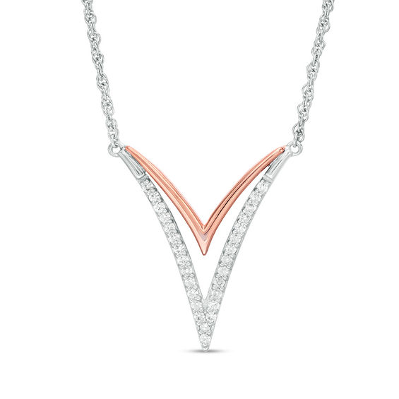 Lab-Created White Sapphire Double "V" Necklace in Sterling Silver and 10K Rose Gold