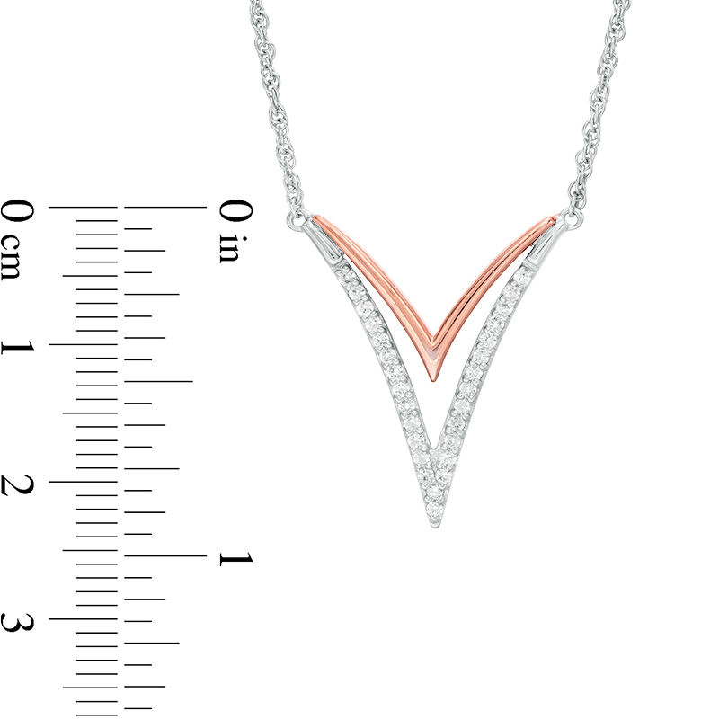 Lab-Created White Sapphire Double "V" Necklace in Sterling Silver and 10K Rose Gold|Peoples Jewellers