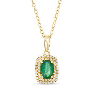 Oval Emerald and 0.15 CT. T.W. Diamond Double Cushion Frame Drop Pendant in 10K Gold