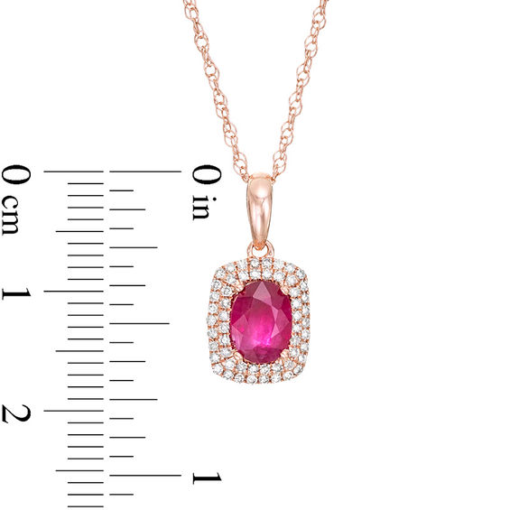 Oval Ruby and 0.15 CT. T.W. Diamond Cushion-Shaped Double Frame Pendant in 10K Rose Gold