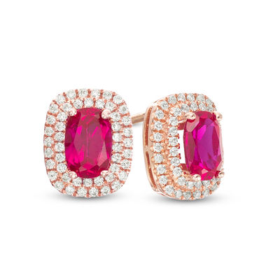 Oval Ruby and 0.23 CT. T.W. Diamond Double Cushion Frame Stud Earrings in 10K Rose Gold