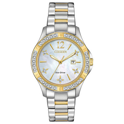 Ladies' Citizen Eco-Drive® Elektra Diamond Accent Two-Tone Watch with Mother-of-Pearl Dial (Model: EW2514-59D)