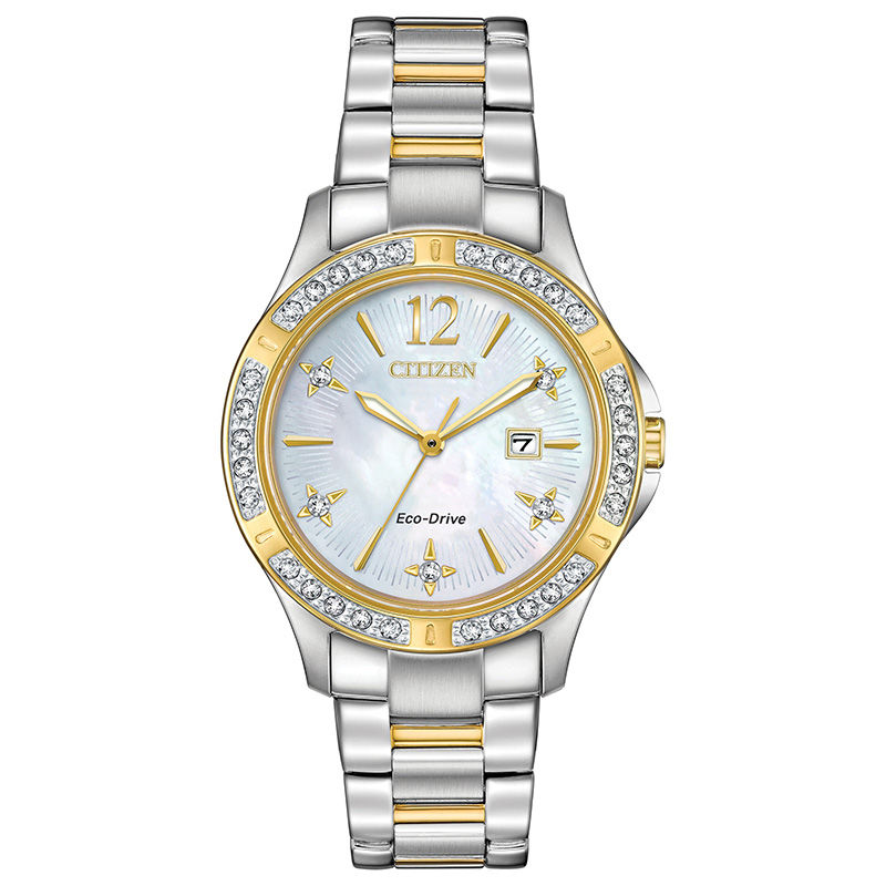 Ladies' Citizen Eco-Drive® Elektra Diamond Accent Two-Tone Watch with Mother-of-Pearl Dial (Model: EW2514-59D)