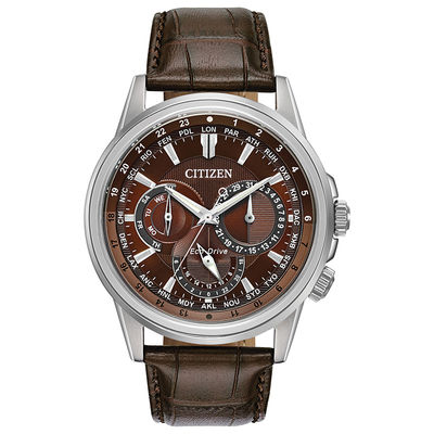 Men's Citizen Eco-Drive® Calendrier Chronograph Strap Watch with Brown Dial (Model: BU2020-29X)