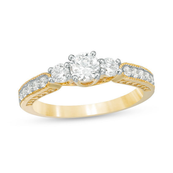 0.69 CT. T.W. Diamond Three Stone Vintage-Style Engagement Ring in 10K Gold