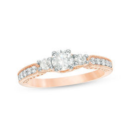 0.69 CT. T.W. Diamond Three Stone Vintage-Style Engagement Ring in 10K Rose Gold