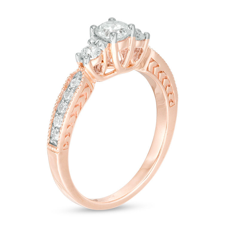0.69 CT. T.W. Diamond Three Stone Vintage-Style Engagement Ring in 10K Rose Gold|Peoples Jewellers