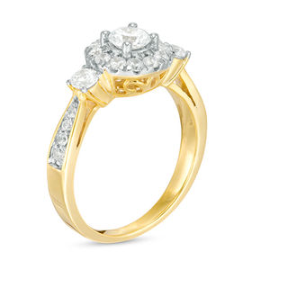 0.95 CT. T.W. Diamond Frame Three Stone Engagement Ring in 10K Gold