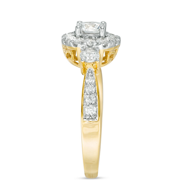 0.95 CT. T.W. Diamond Frame Three Stone Engagement Ring in 10K Gold