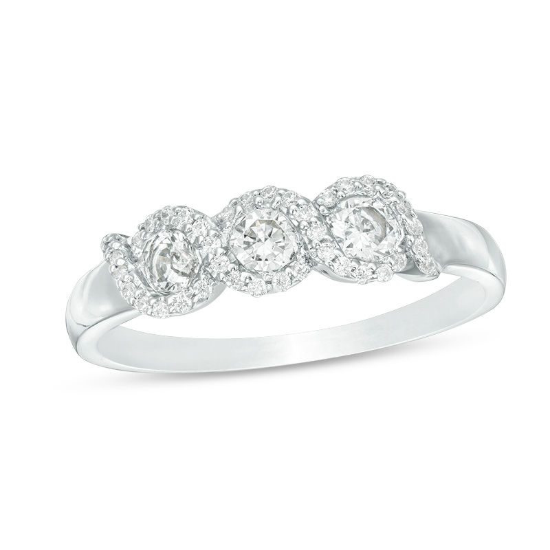 Main Image 1 of 0.45 CT. T.W. Diamond Three Stone Twist Frame Engagement Ring in 10K White Gold