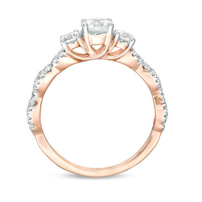 0.95 CT. T.W. Diamond Three Stone Braid Engagement Ring in 10K Rose Gold