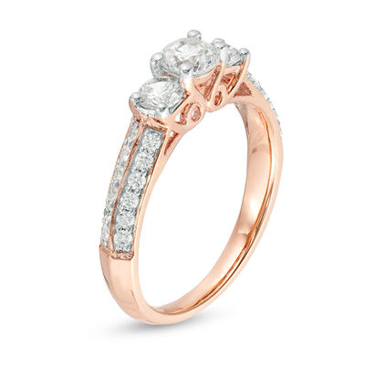 0.95 CT. T.W. Diamond Three Stone Two Row Engagement  Ring in 10K Rose Gold