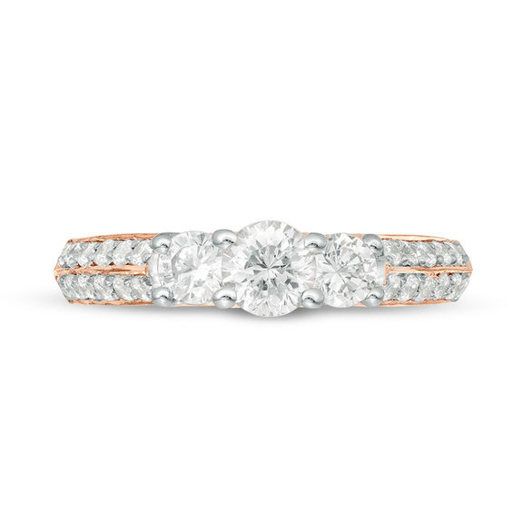 0.95 CT. T.W. Diamond Three Stone Two Row Engagement  Ring in 10K Rose Gold