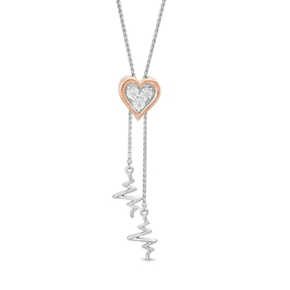 Diamond Accent Heart and Heartbeat Lariat Bolo Necklace in Sterling Silver and 10K Rose Gold - 26.5"