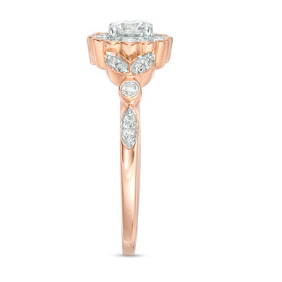 0.45 CT. T.W. Diamond Ornate Flower Frame Leaf-Sides Ring in 10K Rose Gold