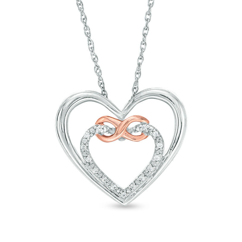 0.04 CT. T.W. Diamond Double Heart Entwined Infinity Pendant in Sterling Silver and 10K Rose Gold|Peoples Jewellers