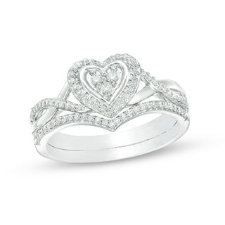 0.22 CT. T.W. Diamond Heart Frame Twist Bridal Set in 10K White Gold