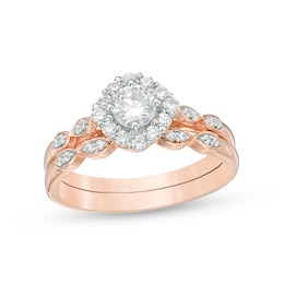 0.58 CT. T.W. Diamond Tilted Cushion Frame Bridal Set in 10K Rose Gold