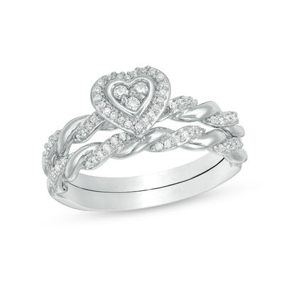 0.22 CT. T.W. Diamond Heart Shape Frame Twist Bridal Set in 10K White Gold