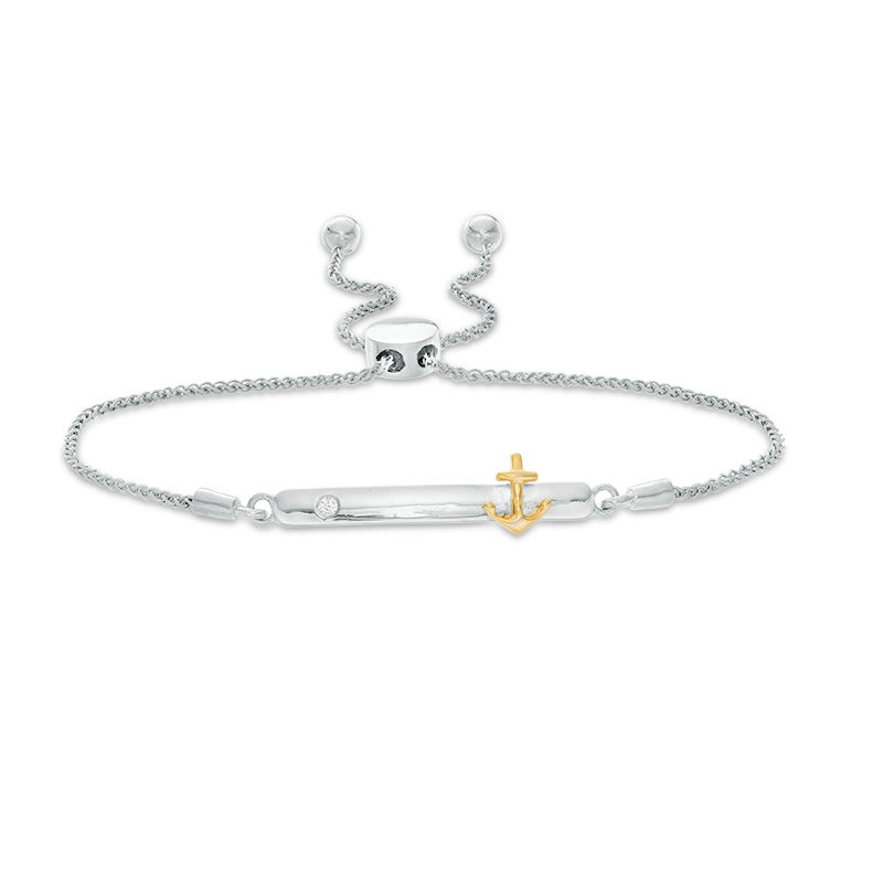 Diamond Accent Anchor on Bar Bolo Bracelet in Sterling Silver and 10K Gold - 9.5"|Peoples Jewellers
