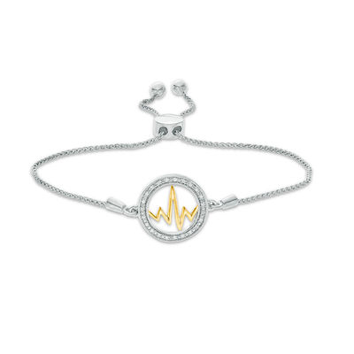 0.066 CT. T.W. Diamond Open Circle Heartbeat Bolo Bracelet in Sterling Silver and 10K Gold - 9.5"