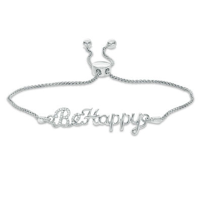 0.04 CT. T.W. Diamond Script "Be Happy" Bolo Bracelet in Sterling Silver - 9.5"