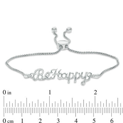 0.04 CT. T.W. Diamond Script "Be Happy" Bolo Bracelet in Sterling Silver - 9.5"