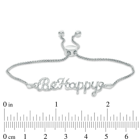 0.04 CT. T.W. Diamond Script "Be Happy" Bolo Bracelet in Sterling Silver - 9.5"