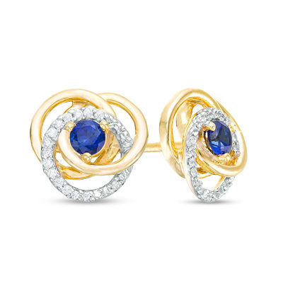 3.0mm Blue Sapphire and 0.07 CT. T.W. Diamond Love Knot Frame Stud Earrings in 10K Gold