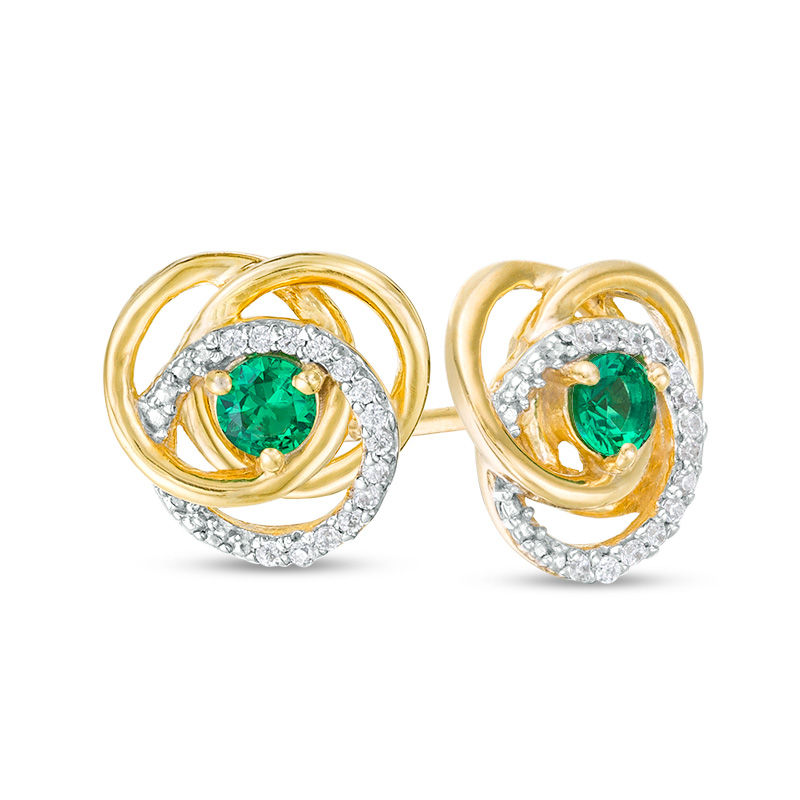 3.0mm Emerald and 0.07 CT. T.W. Diamond Love Knot Frame Stud Earrings in 10K Gold|Peoples Jewellers