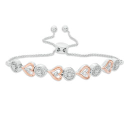 0.37 CT. T.W. Diamond Alternating Circle and Sideways Heart Bolo Bracelet in Sterling Silver and 10K Rose Gold - 9.5&quot;