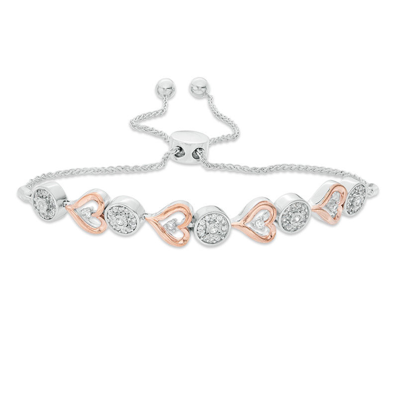 0.37 CT. T.W. Diamond Alternating Circle and Sideways Heart Bolo Bracelet in Sterling Silver and 10K Rose Gold - 9.5"