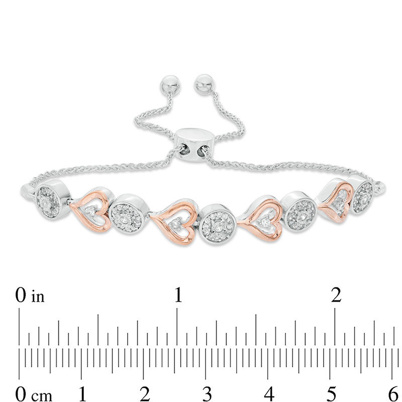 0.37 CT. T.W. Diamond Alternating Circle and Sideways Heart Bolo Bracelet in Sterling Silver and 10K Rose Gold - 9.5"
