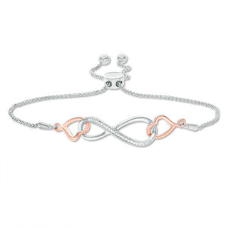 0.04 CT. T.W. Diamond Interlocking Sideways Heart and Infinity Bolo Bracelet in Sterling Silver and 10K Rose Gold - 9.5"