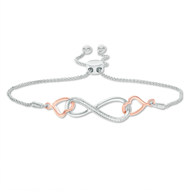 0.04 CT. T.W. Diamond Interlocking Sideways Heart and Infinity Bolo Bracelet in Sterling Silver and 10K Rose Gold - 9.5"|Peoples Jewellers