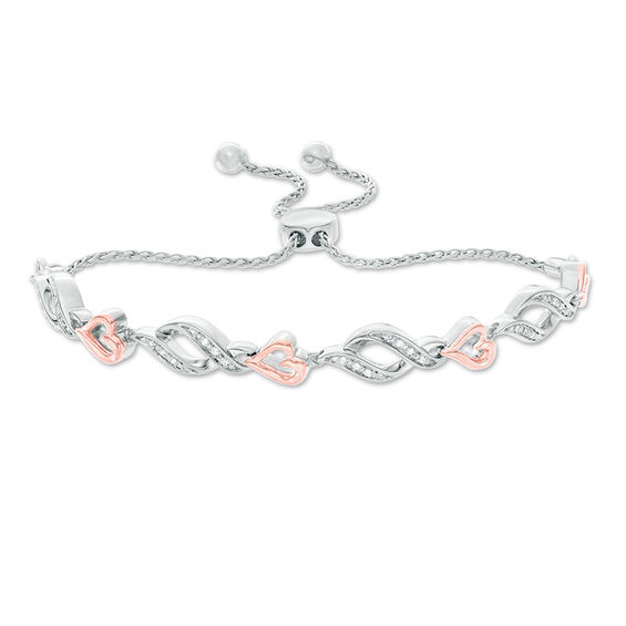 0.04 CT. T.W. Diamond Sideways Heart and Flame Link Bolo Bracelet in Sterling Silver and 10K Rose Gold - 9.5"