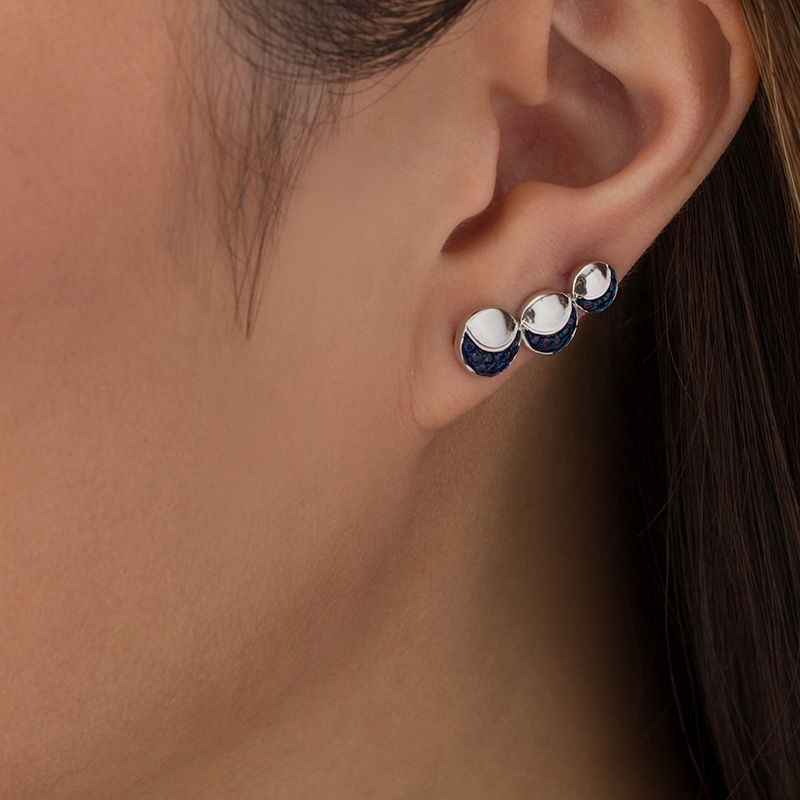Lab-Created Blue Sapphire Crescent Three Moon Curved Crawler Earrings in Sterling Silver|Peoples Jewellers