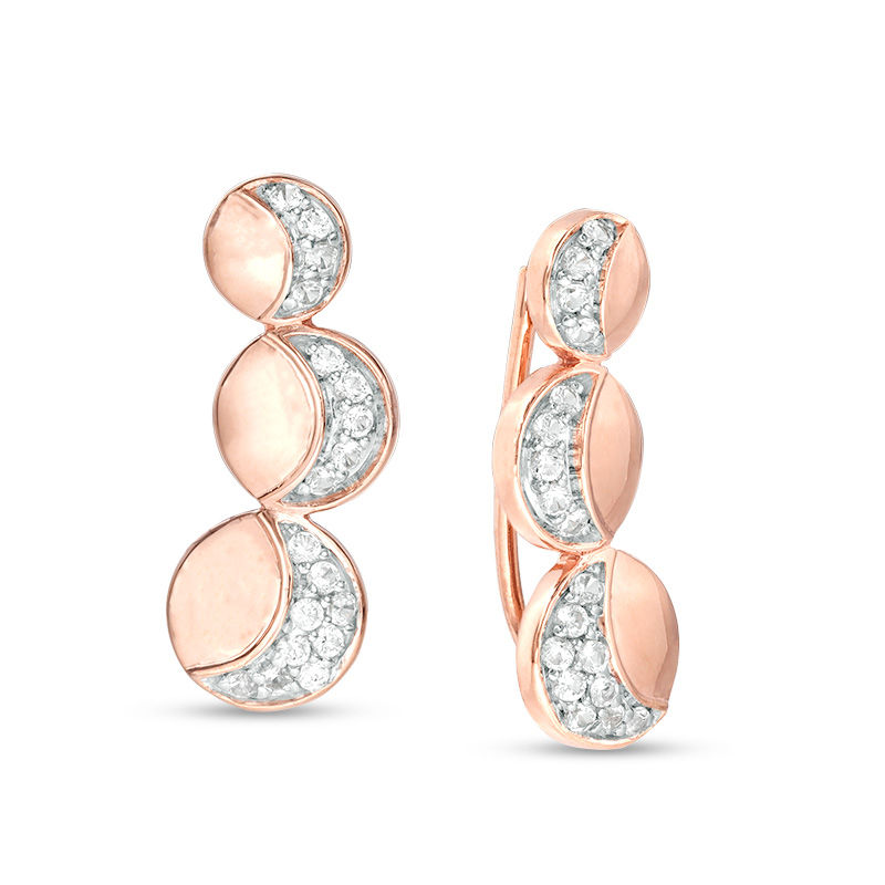 Lab-Created White Sapphire Crescent Three Moon Curved Crawler Earrings in Sterling Silver with 14K Rose Gold Plate|Peoples Jewellers
