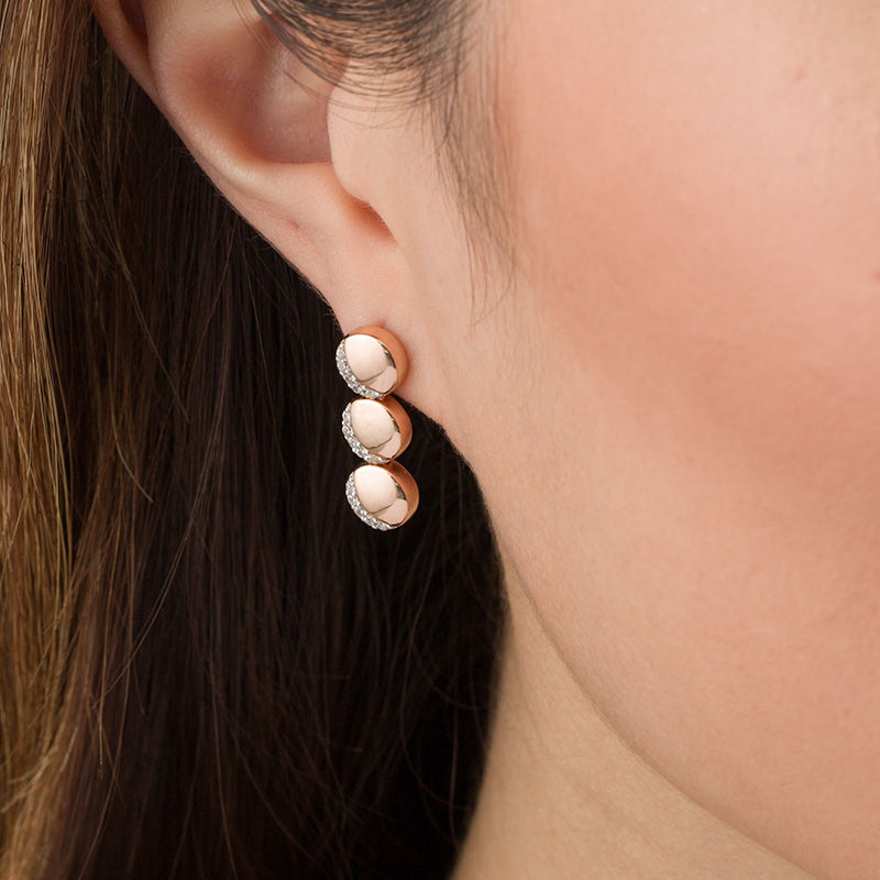 Lab-Created White Sapphire Crescent Three Moon Drop Earrings in Sterling Silver with 14K Rose Gold Plate|Peoples Jewellers