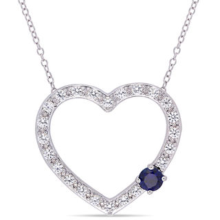 4.5mm Lab-Created Blue and White Sapphire Heart Outline Necklace in Sterling Silver - 17"