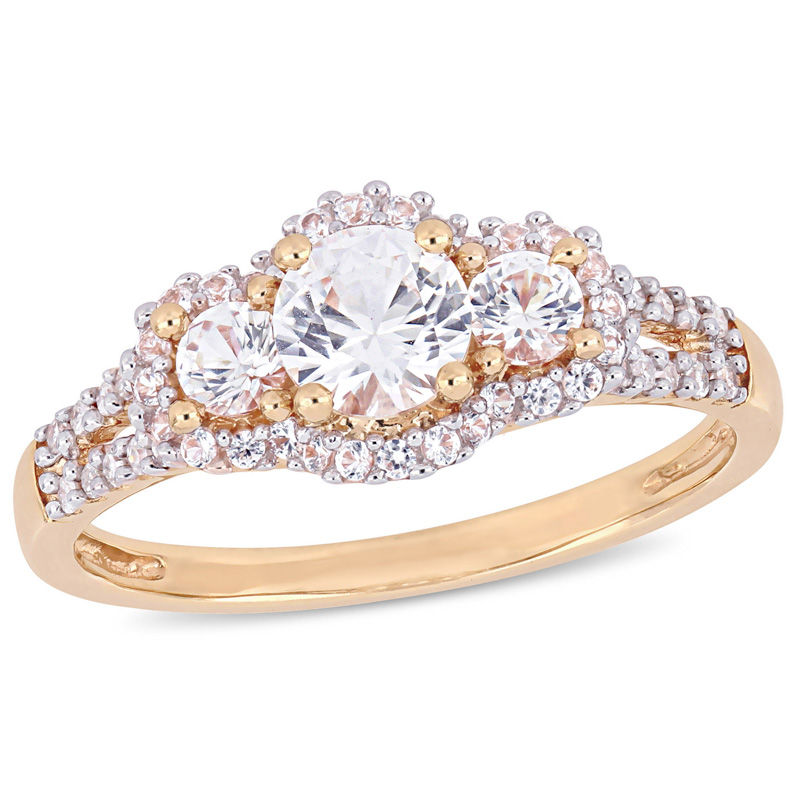 5.0mm Lab-Created White Sapphire and 0.10 CT. T.W. Diamond Frame Three Stone Ring in 10K Rose Gold|Peoples Jewellers