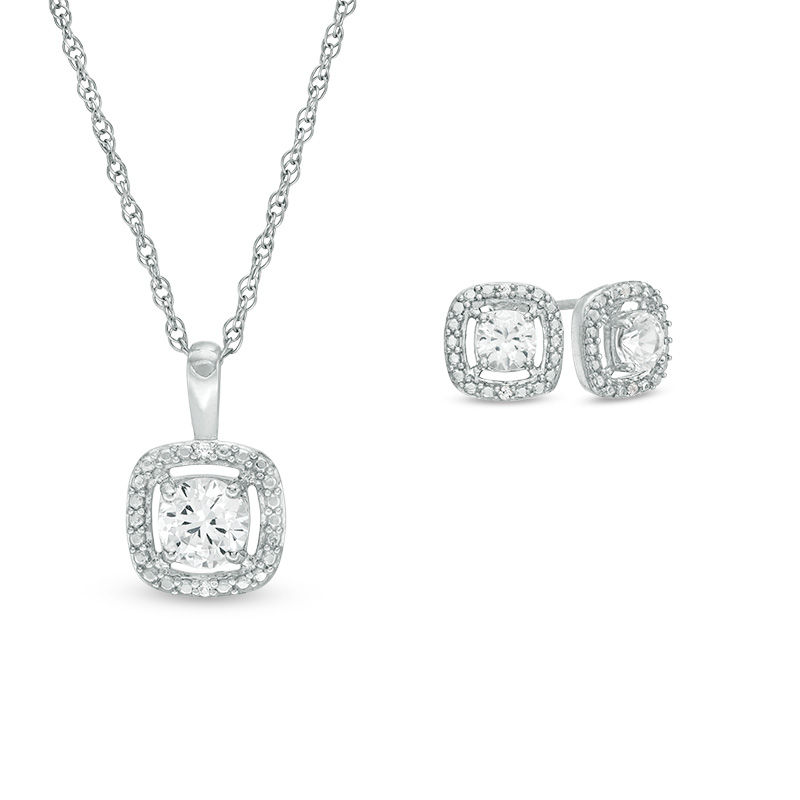 Lab-Created White Sapphire Cushion Frame Pendant and Stud Earrings Set in Sterling Silver