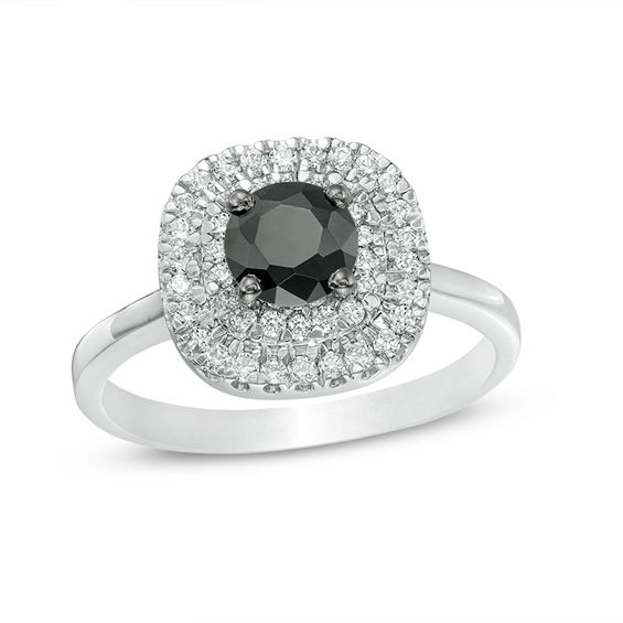 0.95 CT. T.W. Enhanced Black and White Diamond Double Cushion Frame Ring in 10K White Gold