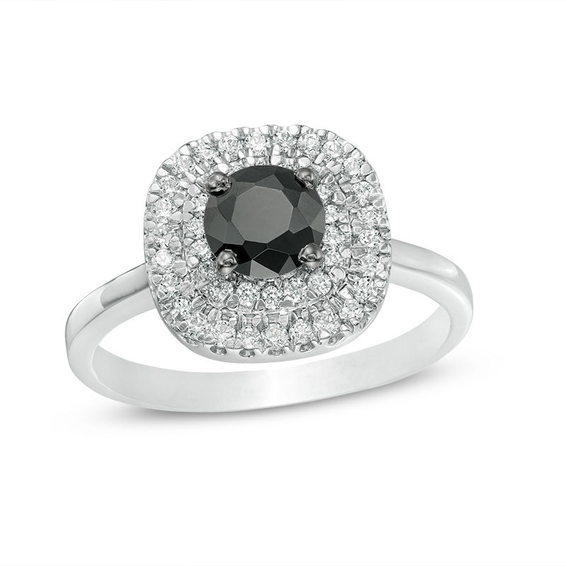 0.95 CT. T.W. Enhanced Black and White Diamond Double Cushion Frame Ring in 10K White Gold|Peoples Jewellers