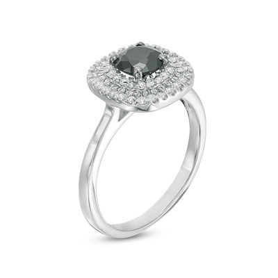 0.95 CT. T.W. Enhanced Black and White Diamond Double Cushion Frame Ring in 10K White Gold