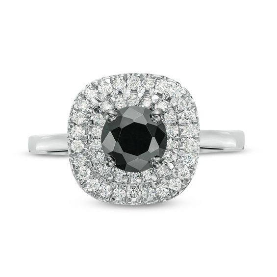 0.95 CT. T.W. Enhanced Black and White Diamond Double Cushion Frame Ring in 10K White Gold