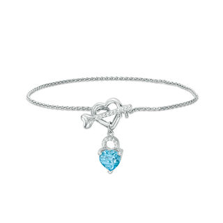 7.0mm Heart-Shaped Blue and White Topaz Lock with Key Toggle Bracelet in Sterling Silver  - 7.25"